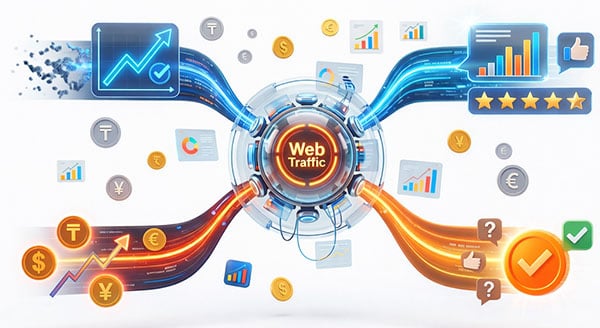 Абстрактная модель ИИ-ассистента Web Traffic в действии. Нейросеть автоматически обрабатывает запросы, повышает лояльность клиентов (5 звезд) и трансформирует вопросы в успешные сделки и реальную прибыль (графики роста и монеты).