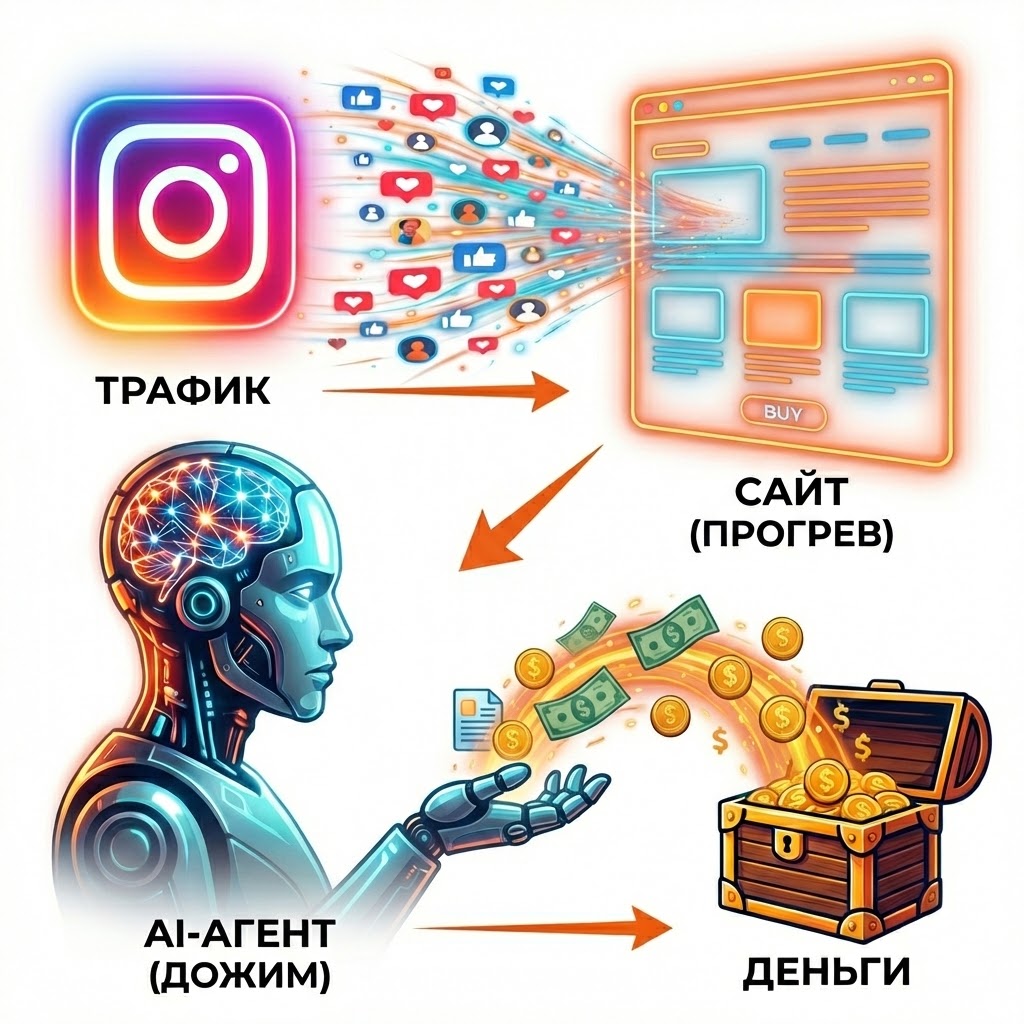 Инфографика маркетинговой воронки: Трафик из Instagram переходит на Сайт для прогрева, затем AI-агент дожимает лида и генерирует Деньги в виде прибыли.