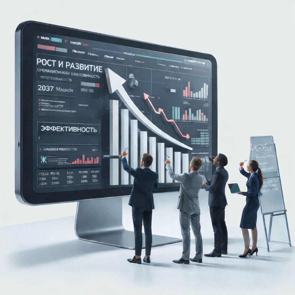 Команда экспертов Web Traffic анализирует стратегию роста на цифровом дашборде, воплощая профессионализм и плотное взаимодействие с клиентом для достижения бизнес-целей.