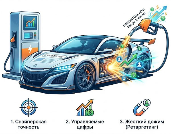 Контекстная реклама как топливо для сайта: иллюстрация спортивного автомобиля, заправляемого целевым трафиком, с этапами работы — снайперская точность, управляемые цифры и жесткий ретаргетинг.