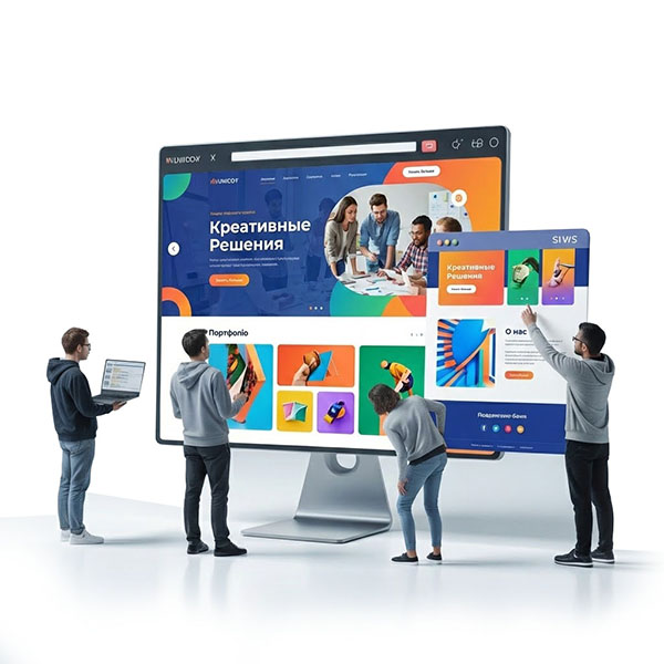 Команда специалистов Web Traffic совместно разрабатывает современный сайт: маркетологи, дизайнеры и разработчики проектируют конверсионный интерфейс на гигантском экране.
