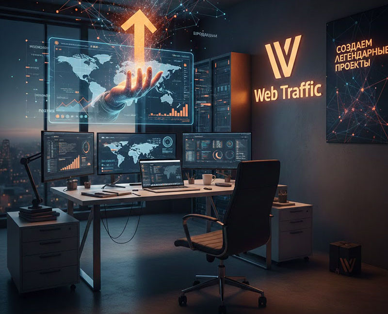 Рабочее место digital-специалистов агентства Web Traffic. Футуристичный интерьер, подчеркивающий фокус на глубоких исследованиях: сложные метрики на экранах, визуализация агрессивного роста и фирменный слоган на стене.