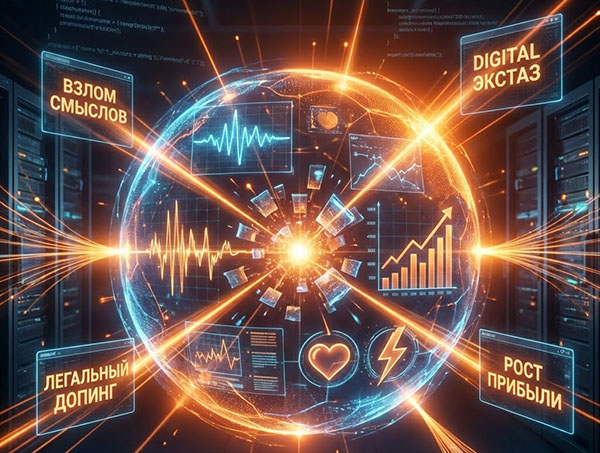 Визуализация креативного эпицентра агентства Web Traffic. Футуристичное цифровое ядро с парящими экранами, символизирующими агрессивный маркетинг, генерацию нестандартных гипотез и трансформацию эмоций клиентов в рост прибыли.